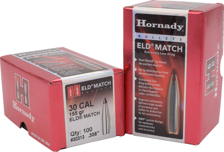 Hornady 30313 ELD Match .308 Caliber 155 Grain Heat Shield Bullets, 100 Count