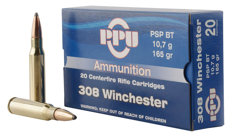 PPU PP3082 308 Winchester 165 Grain Pointed Soft Point Boat Tail Rifle Ammunition - 20 Rounds