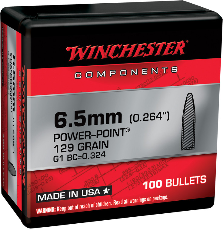 Winchester Ammo WB65PP129X Power-Point 6.5 Creedmoor 129 Grain Reloading Bullets, 100 Count