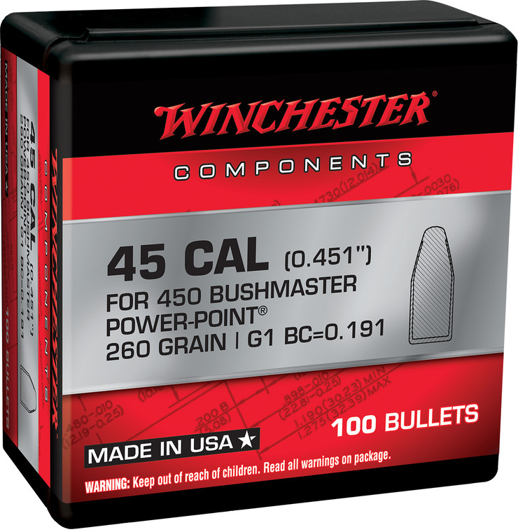 Winchester Ammo WB450P260X Power-Point 450 Bushmaster 260 Grain Reloading Bullets, 100 Per Box