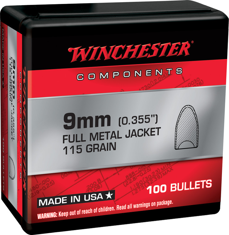 Winchester Ammo WB9MC115X 9mm 115 Grain Full Metal Jacket Flat Base Reloading Bullets, 100 Count
