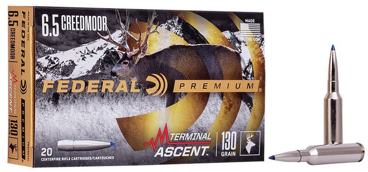 Federal Premium Terminal Ascent Bonded 6.5 Creedmoor Centerfire Rifle Rounds – 130 Grain, 20 Rounds per Box