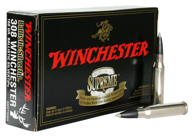 Winchester Ammo Ballistic Silvertip .308 Win Centerfire Rifle Rounds - 168 Grain, Rapid Controlled Expansion Polymer Tip, 20 Rounds per Box