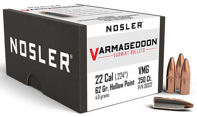 Nosler Varmageddon .224 62 Grain Flat Base Hollow Point Reloading Bullets, 250 Count, Part 36522