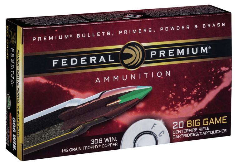 Federal Premium Trophy Copper .308 Winchester Centerfire Rifle Rounds - 165 Grain, 20 Rounds per Box