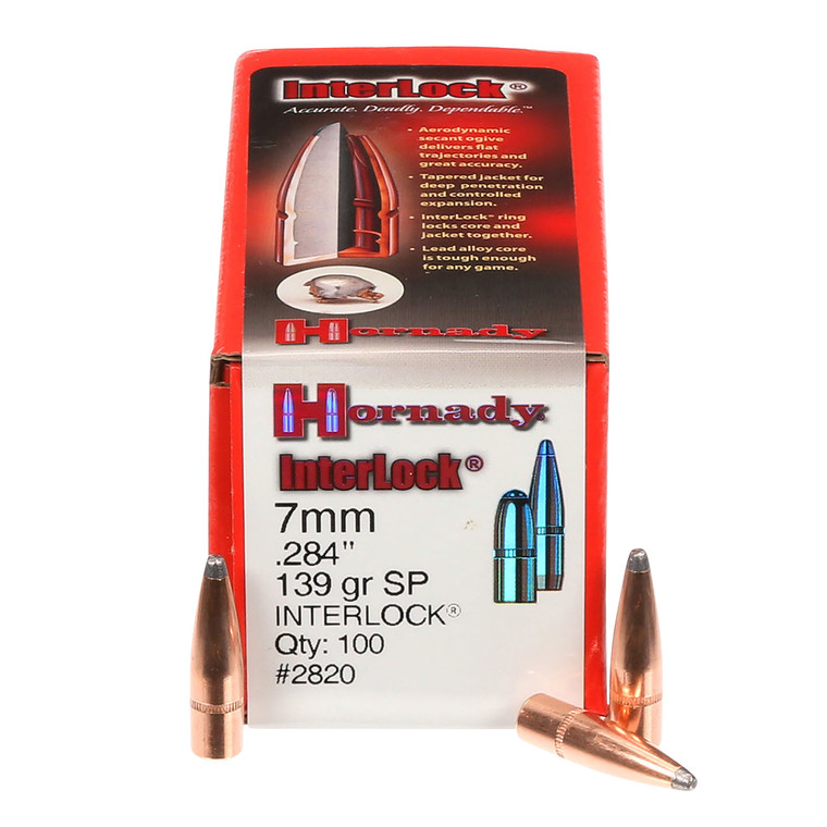 Hornady 2820 InterLock .284 Diameter 139 Grain Spire Point 7mm Reloading Bullets, 100 Count