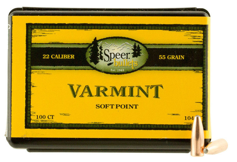 Speer Ammo 1047 .224 Caliber 55 Grain Spitzer Jacketed Soft Point Bullets, 100 Count