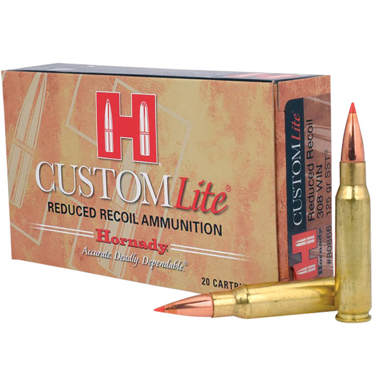 Hornady Custom Lite 308 Winchester Centerfire Rifle Rounds - 125 Grain SST for Hunting