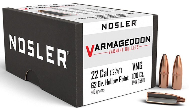Nosler Varmageddon .22 Caliber 62 Grain Flat Base Hollow Point Reloading Bullets, 100 Count, Part 35631