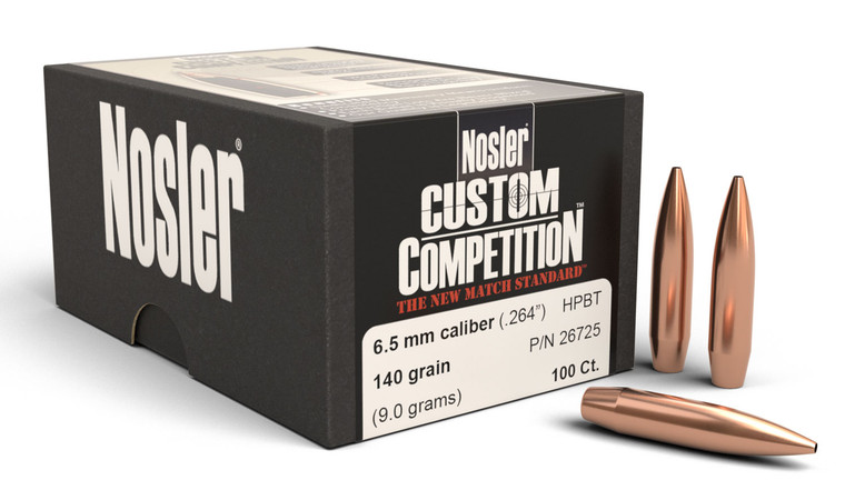 Nosler Custom Competition .264 Caliber 140 Grain Hollow Point Boat Tail Bullets, Part 26725, 100 Count