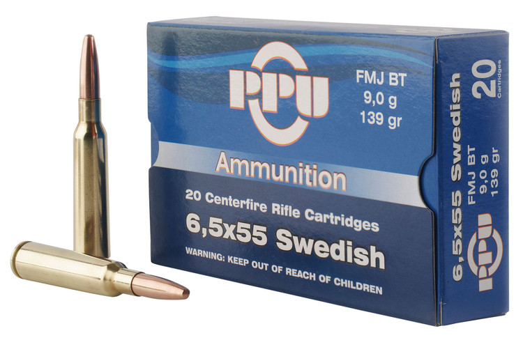 PPU 6.5x55 Swedish Full Metal Jacket Boat Tail Rifle Ammunition - 20 Rounds