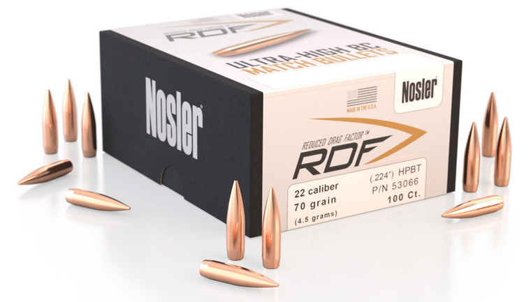 Nosler 53066 RDF Match .224-Caliber 70-Grain Hollow Point Boat Tail Bullets, 100 Count