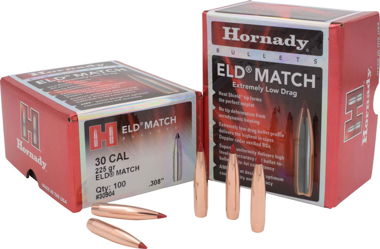 Hornady 30904 ELD Match .308 Caliber 225 Grain BTHP Reloading Bullets, 100 Count