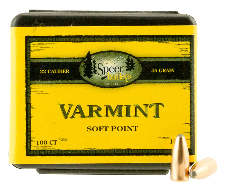 Speer Ammo 1023 .224 Caliber 45 Grain Spitzer Jacketed Soft Point Bullets, 100 Count