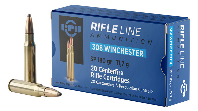 PPU PP3083 .308 Winchester Soft Point 180 Grain Hunting Rifle Ammunition (20 Rounds per Box, 10 Boxes per Case)
