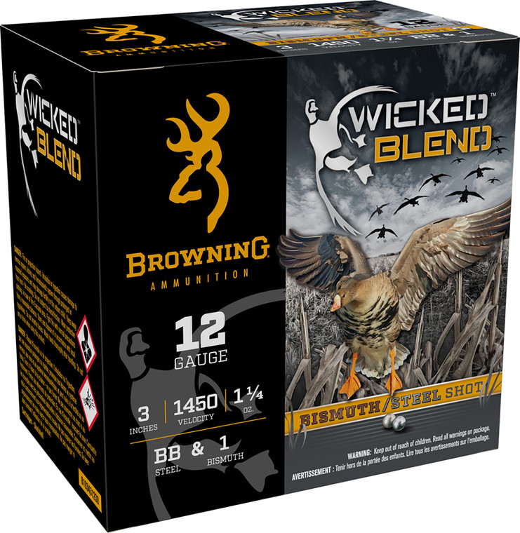 Browning Ammo BRNA B193431230 12 Gauge Waterfowl Shotshell - 3 Inch, 1 1/4 Oz BB/1BI Steel and Bismuth Blend, 1450 fps