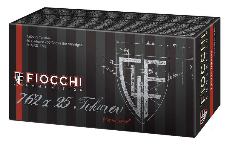 Fiocchi Heritage 7.62x25mm Tokarev 88 Grain FMJ Centerfire Ammunition, 50 Rounds