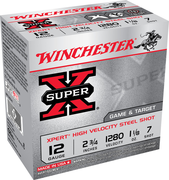 Winchester Ammo Xpert 12 Gauge 2.75-inch High Velocity Shotshells, 1 1/8 oz, Size 7, 1280 fps – 25 Rounds per Box