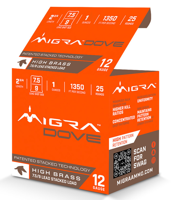 Migra Ammunition M12LF7.59 12 Gauge Shotshell, 2 3/4 inch, 1 oz, 7.5/9 Shot – 25 Rounds per Box