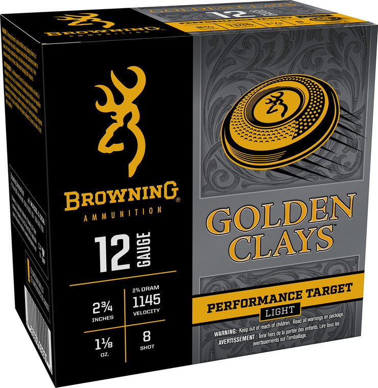 Browning Ammo Golden Clays Performance Target 12 Gauge Shotshells, 2.75 Inch, 1 1/8 Ounce, Size 8 Shot, 1145 fps - 25 Rounds per Box