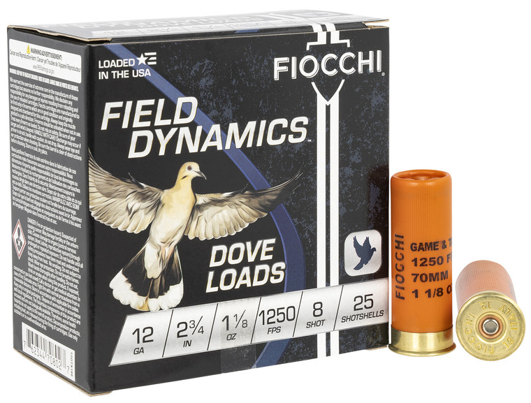 Fiocchi 12 Gauge Field Dynamics Shotshells – 1 1/8 oz, Lead, 8 Shot, 1250 fps, 25 Rounds