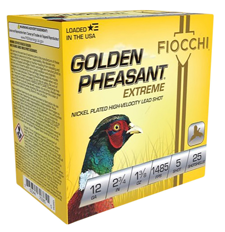 Fiocchi 12 Gauge Golden Pheasant Nickel-Plated Shotgun Shells – 2.75 Inch, 1 3/8 oz, Shot Size 5