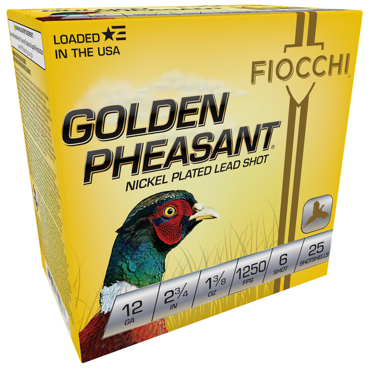 Fiocchi 12 Gauge Golden Pheasant Shotgun Ammunition, 2.75 inch, 1 3/8 oz, Shot Size 6, High Brass, Nickel-Plated Lead for Hunting