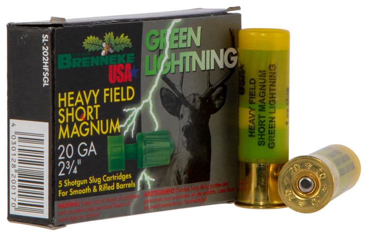 Brenneke Green Lightning Heavy Field Short Magnum 20 Gauge Slug, 2.75 Inch, 1 Ounce for Hunting