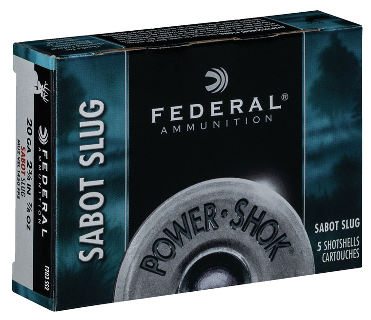 Federal Power-Shok Sabot Slug for 20 Gauge Rifled Barrels - 2.75 inch, 7/8 oz, 1450 fps, 5 Rounds per Box