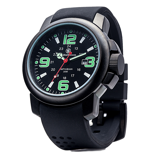 Smith & Wesson Amphibian Commando Watch - Tactical 46mm Black Titanium Case with Glow-in-the-Dark Hands and Rubber Strap
