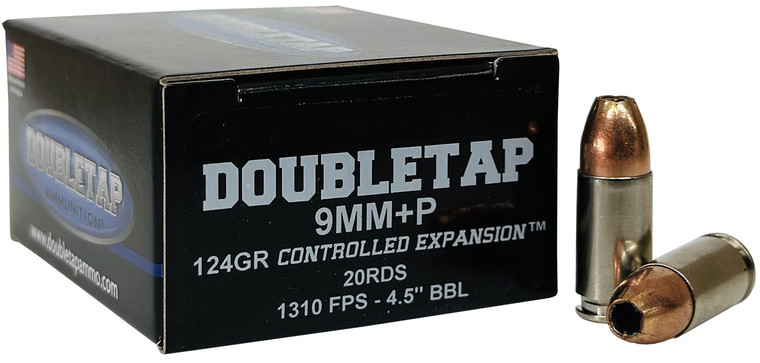 DoubleTap Ammunition 9mm Luger +P 124 Grain Controlled Expansion JHP – 20 Rounds per Box, 50 Boxes per Case