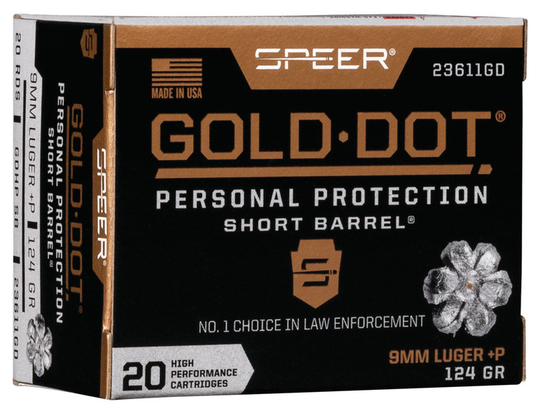 Speer Ammo Gold Dot 23611GD 9mm +P 124 Grain Hollow Point Centerfire Handgun Rounds