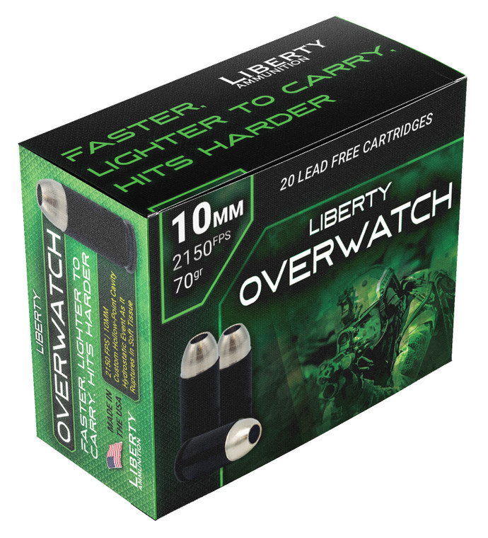 Liberty Ammunition Overwatch 10mm Auto Centerfire Handgun Rounds – 70 Grain, 2150 fps, Nickel-Plated Brass, Pack of 20