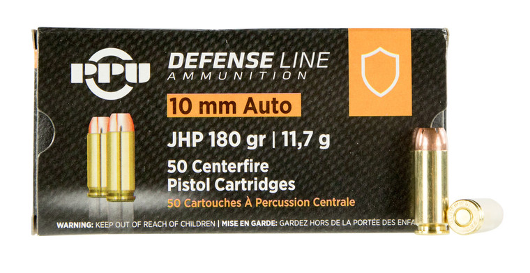 PPU PPD10 10mm Auto Jacketed Hollow Point Handgun Ammunition - 180 Grain, Brass Casings, 50 Rounds per Box