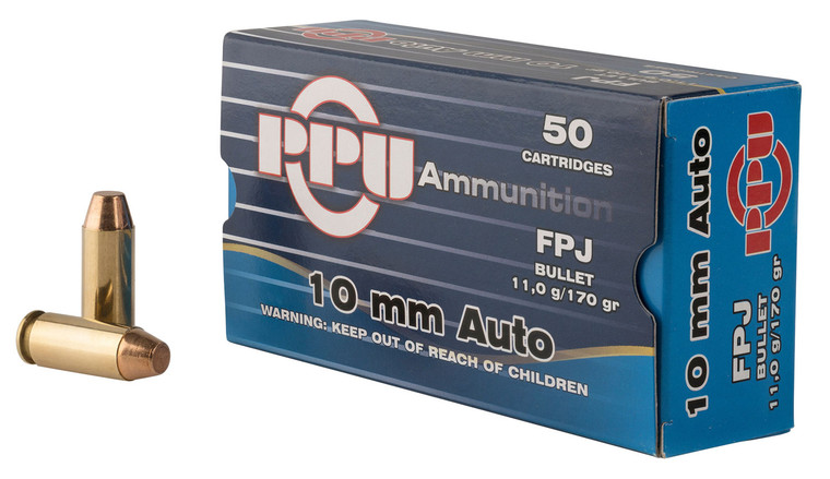 PPU PPH10F 10mm Auto Flat Point Jacketed Handgun Ammunition – 170 Grain, Brass Cased, 50 Rounds