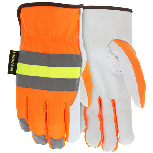 MCR Safety Reflective Grain Goat Driver Gloves, Medium - High Visibility Safety Gloves with Retro-Reflective Stripes