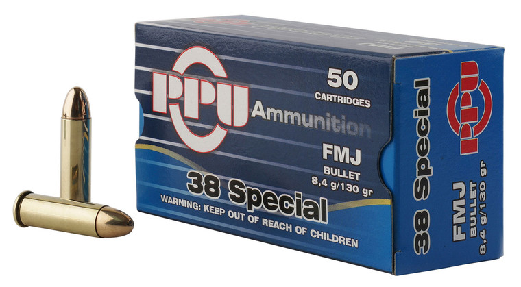 PPU PPH38SF 38 Special Full Metal Jacket Handgun Ammunition - 130 Grain, Brass Casing, 50 Rounds Per Box