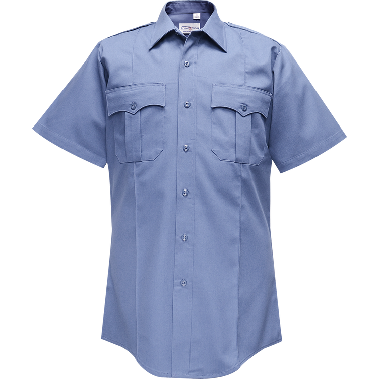 Flying Cross Duro Poplin Short Sleeve Shirt with Sewn-In Creases, Marine Blue, Size 17.5