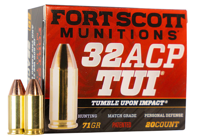 Fort Scott Munitions 32 ACP Tumble Upon Impact (TUI) Ammo - 71 Grain Solid Copper Spun Bullet, Centerfire Handgun Rounds