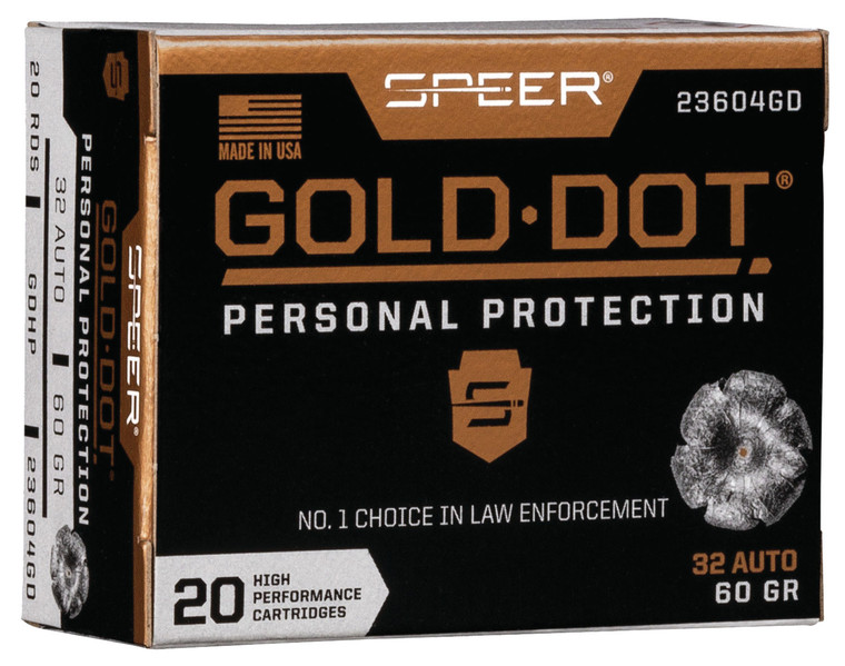 Speer Ammo Gold Dot 23604GD 32 ACP 60 Grain Hollow Point Centerfire Handgun Rounds
