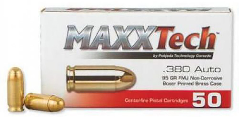 MaxxTech PTGB380B 380 ACP 95-Grain Full Metal Jacket Handgun Rounds - 50 Rounds Per Box
