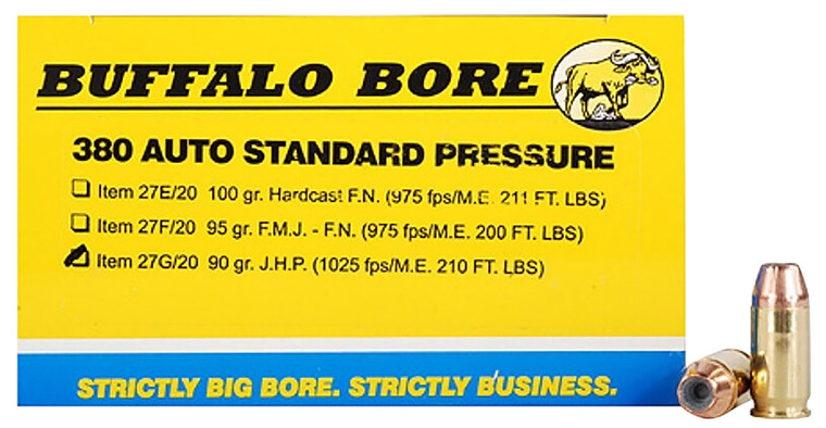 Buffalo Bore Ammunition 27G20 380 ACP Jacketed Hollow Point 90 Grains - Ideal for Home Defense