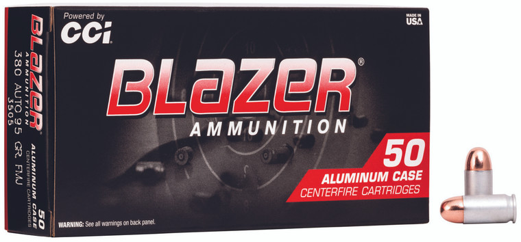CCI 3505 Blazer Aluminum 380 ACP Full Metal Jacket 95 Grain Target Shooting Rounds, 50 Rounds per Box