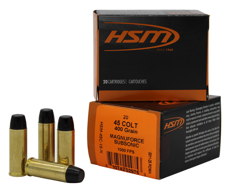 HSM 45C10N 45 Long Colt Subsonic 400-Grain Hard Cast Long Flat Nose Centerfire Handgun Rounds