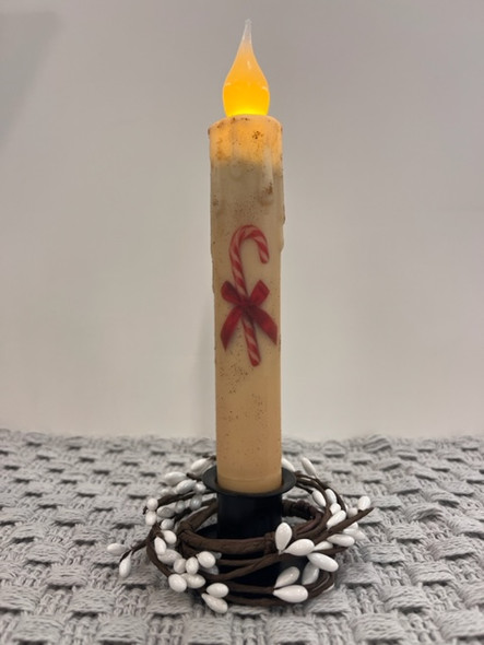 CANDY CANE RIBBON 7" CREAM  LED TAPER TIMER CANDLE