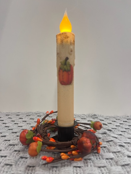 HARVEST PUMPKIN W/ LEAVES 7" CREAM  LED TAPER TIMER CANDLE