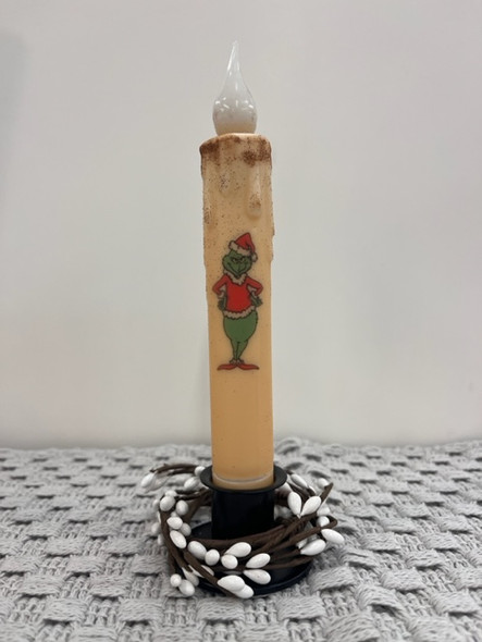 GRINCH 7" CREAM  LED TAPER TIMER CANDLE