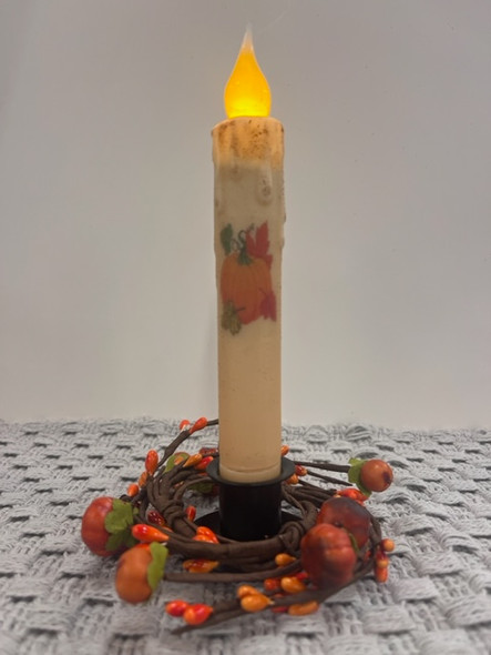 PUMPKIN W/ MAPLE LEAVES 7" CREAM  LED TAPER TIMER CANDLE