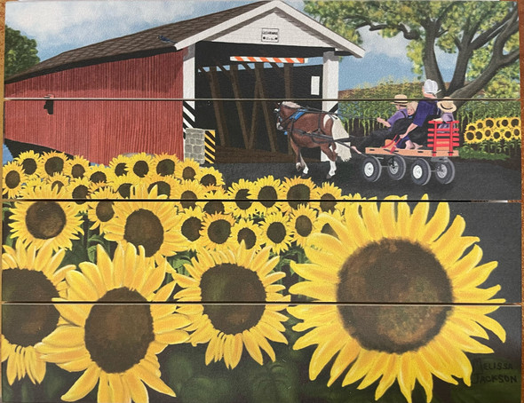 COVERED BRIDGE SUNFLOWERS 9X12 PALLET ART