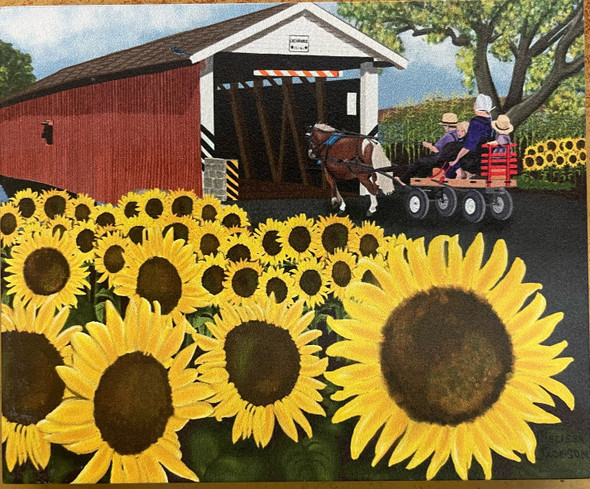 COVERED BRIDGE SUNFLOWERS SHELFIE-4.5"X5.5" BLOCK ART